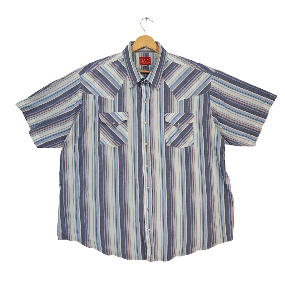 Plains Western Wear Shirt Mens 2X Blue Striped Cotton Blend Snap Short Sleeve